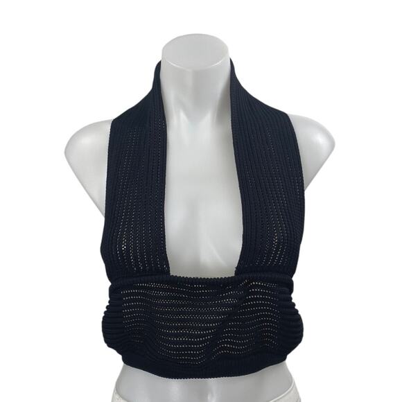 Ruve Women's Black Knitted Sleeveless Plunge Neck Halter Crop Tank Top Size M - Picture 1 of 5